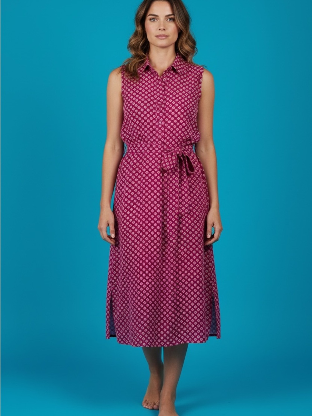 Banana Republic Magenta Geo-Print Sleeveless Shirt Dress